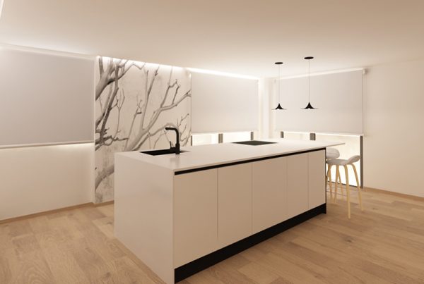 Cocina moderna en Valencia con diseño italiano, isla central, tonos tierra y muebles de cocina minimalistas