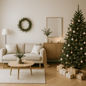 decoración de interiores para Navidad elegante, minimalista y acogedora